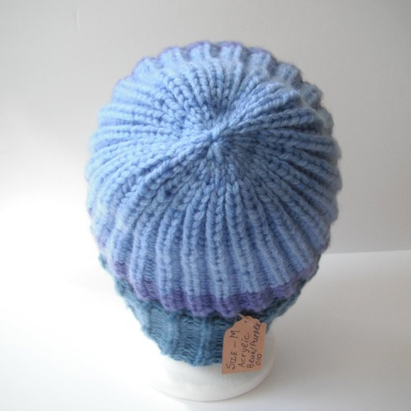 Hand Knitted Hat Toque  Adult Sz - M/S Acrylic Blue/Purple - 010 Hand knit by me - Picture 5 of 8